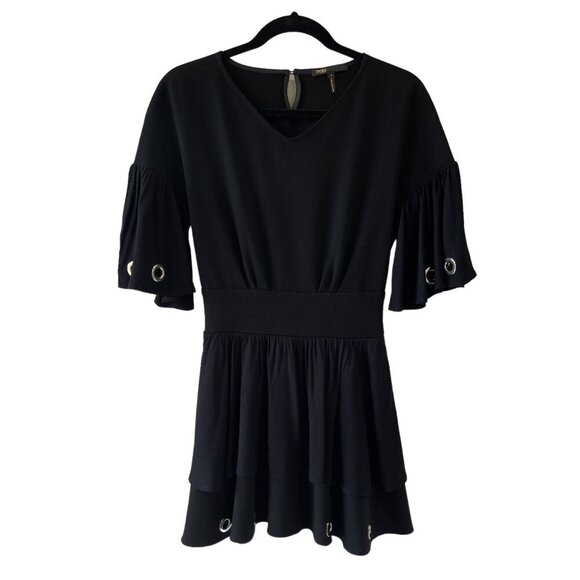 Maje Size M Rotery Grommet Trim Dress Mini LBD Flowy Rocker Bell Sleeve Flare - Picture 4 of 15